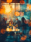 Blurred view of people working together in a cafe with fairy lights reflecting on the windows. AI.