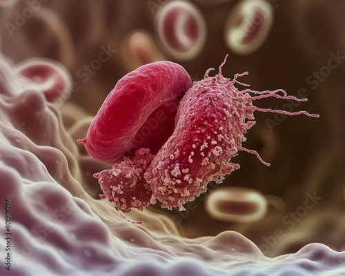 A 3D illustration of a red blood cell being destroyed by a virus. AI.