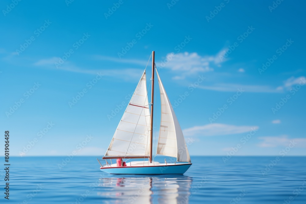 A detailed model of a sailboat on calm blue water, indicating successful navigation or competition,