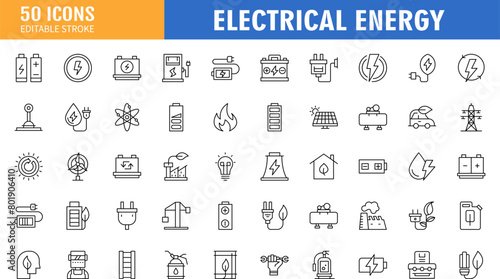 Set of 50 line icons related to energy, electrical energy, electricity. Outline icon collection. Vector illustration. Editable stroke