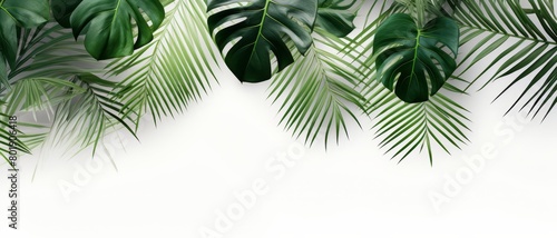 Fresh, minimalist display of tropical leaves against a stark white backdrop, suitable for modern and simplistic branding,