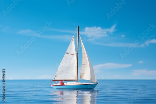 A detailed model of a sailboat on calm blue water, indicating successful navigation or competition, © FoxGrafy