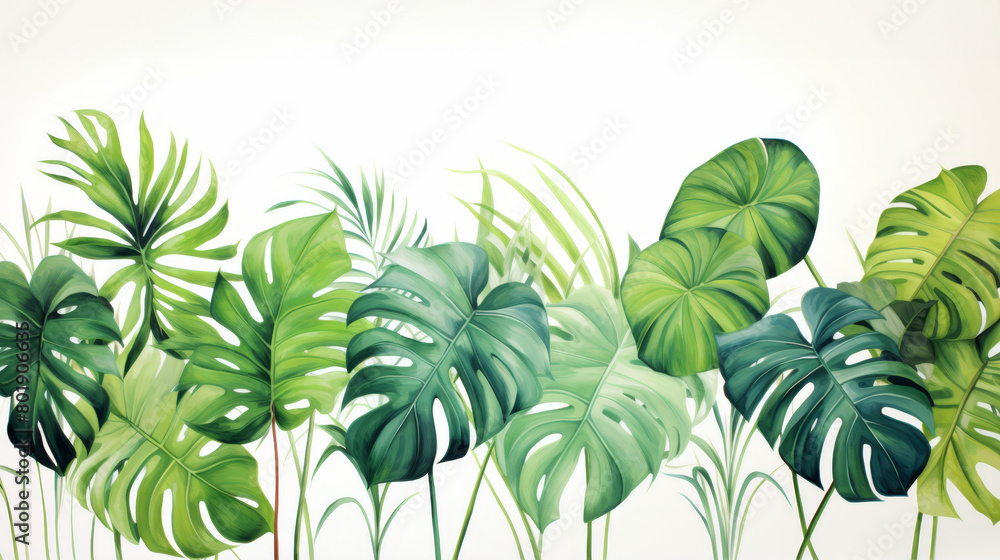 Bright and fresh tropical leaves artistically isolated against a white backdrop, providing a vibrant yet simplistic aesthetic