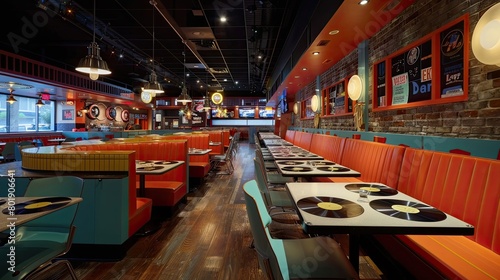 Retro vinyl record-themed pizza restaurant with vinyl record pizza trays, diner-style booths, and jukebox music.