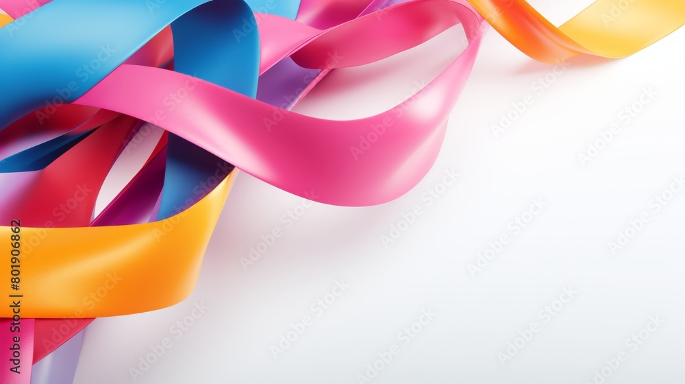 Diagonal composition of brightly colored ribbons and bows that lead the eye across the image, suited for dynamic advertisements, Diagonal composition of brightly colored ribbons and bows that lead the eye across the image, suited for dynamic advertisements,