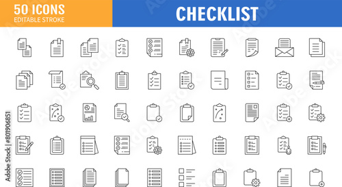Clipboard, checklist, report, survey or agreement editable stroke outline icons set isolated on white background flat vector illustration. Pixel perfect. 