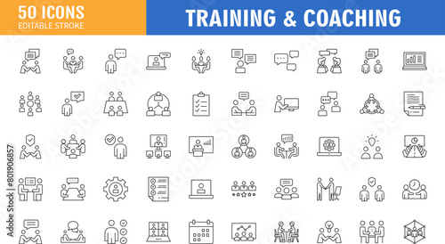 Set of 50 line icons related to training, coaching, mentoring, education, meeting, conference, teamwork. Outline icon collection. Editable stroke. Vector illustration