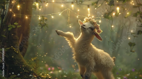 An adorable baby goat wearing a flower crown, standing on hind legs to reach a dangling string of fairy lights, with a whimsical woodland setting in the background photo