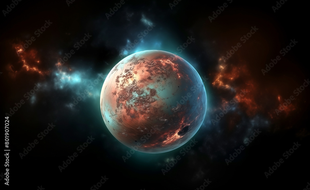 Obraz premium Fantastic planet in space with fire, burnt spots and irregularities on the surface. AI generated.