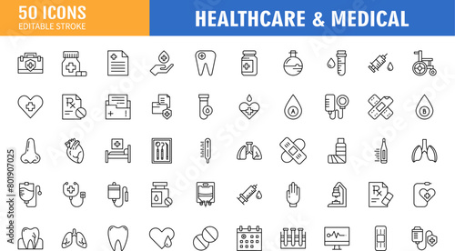 Healthcare and medical line icon set. Editable stroke. Containing as medicine, hospital, health, care, emergency and more. Vector illustration