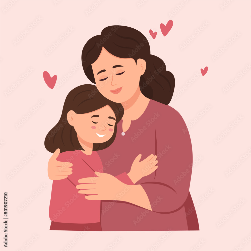 Mother and daughter. Mom Embrace her Child, Their Faces Aglow With Love, Eyes Closed, Encapsulating Eternal Bond In A Moment Of Serene Affection.Mother's Day. Vector Illustration Mother and daughter. Mom Embrace her Child, Their Faces Aglow With Love, Eyes Closed, Encapsulating Eternal Bond In A Moment Of Serene Affection.Mother's Day. Vector Illustration
