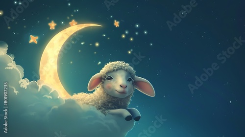 An adorable illustration of a lamb peeking out from behind a crescent moon, with twinkling stars scattered across the night sky, wishing everyone a joyful Bakra Eid