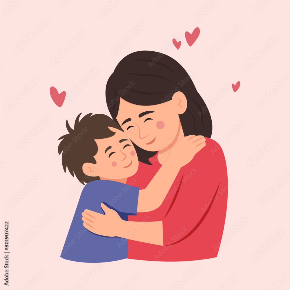Obraz premium Mother and son. Mom Embrace her Child, Their Faces Aglow With Love, Eyes Closed, Encapsulating Eternal Bond In A Moment Of Serene Affection.Mother's Day. Vector Illustration