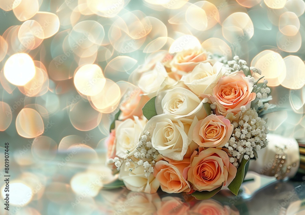 Elegant Wedding Bouquet with White and Peach Roses on Shiny Background Elegant Wedding Bouquet with White and Peach Roses on Shiny Background