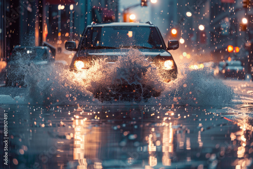 After the flood, an SUV drives through a flooded street, splashing water.