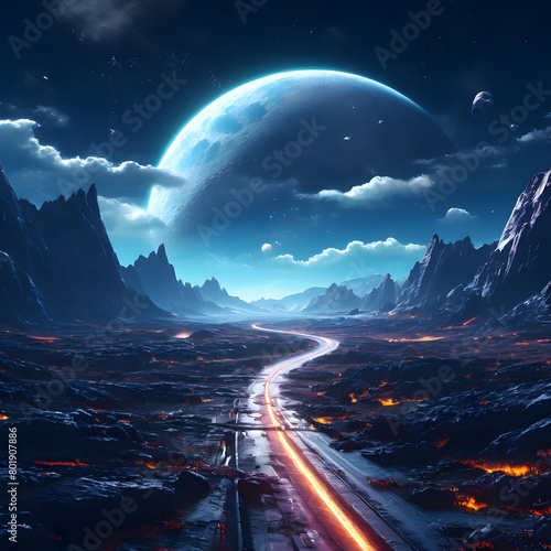 Moon over road and mountains. Outerspace theme. 