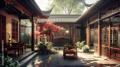 Traditional Chinese courtyard house with red lacquer furniture, courtyard garden, and wooden screens. photo