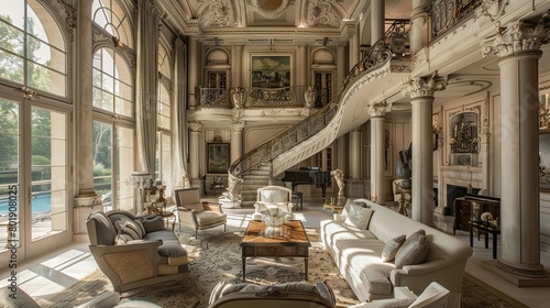 Traditional French chateau with elegant furnishings, grand staircase, and formal gardens. photo