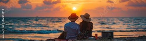 Young couple listening to a radio on a romantic beach picnic, sunset background, ideal for portable radio or audio equipment ads photo