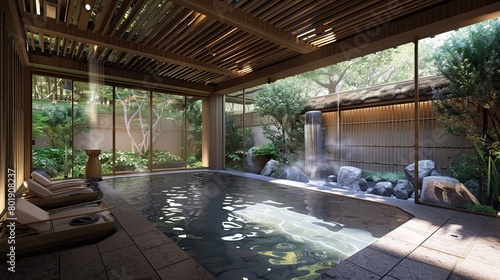 Traditional Japanese onsen spa with natural stone baths  bamboo accents  and tranquil garden views.