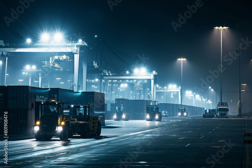 Night operations at an industrial port with illuminated cranes and containers photo