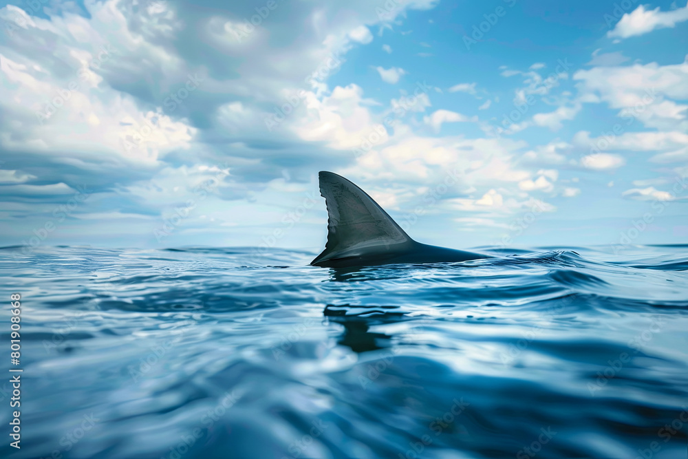 Fototapeta premium Shark fin on ocean surface in cloudy clear sky 