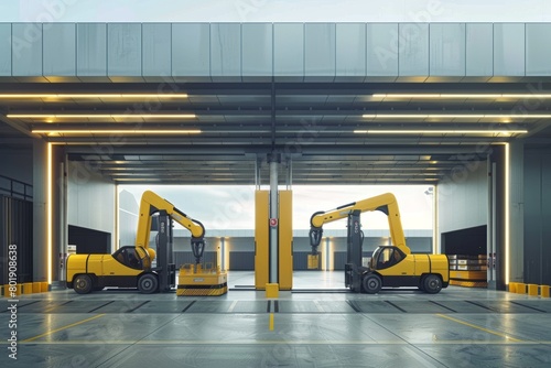 Futuristic automated warehouse with robotic arms and self-driving forklifts in operation