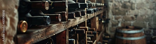 Vintage wine bottles in an old wine cellar, mysterious and alluring, perfect for antique wine collection or specialty store ads photo