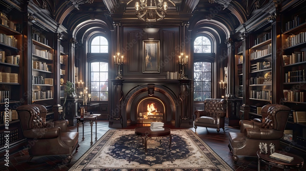 Obraz premium Victorian Gothic-inspired library with dark wood bookshelves, leather armchairs, and a cozy fireplace.