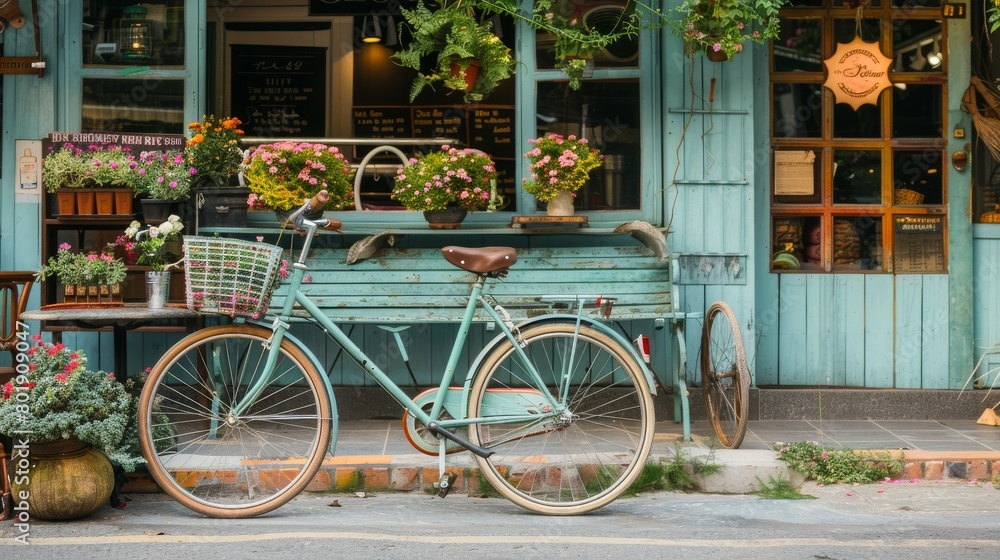 Vintage bicycle with a basket of flowers parked outside a quaint cafe, charming and picturesque, ideal for lifestyle brand promotions