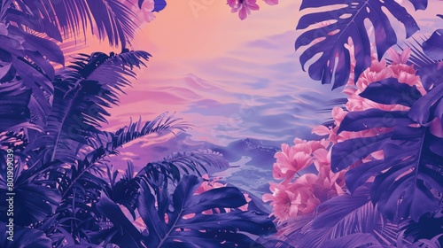 Trendy Design Background with Tropical Plants. Contemporary Wallpaper with Purple Foliage. photo