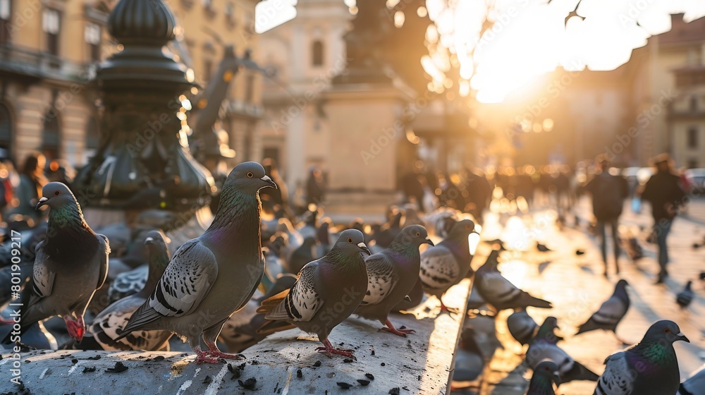 Urban scene with pigeons gathering around a historic statue, ideal for city tourism promotions or cultural festival advertisements