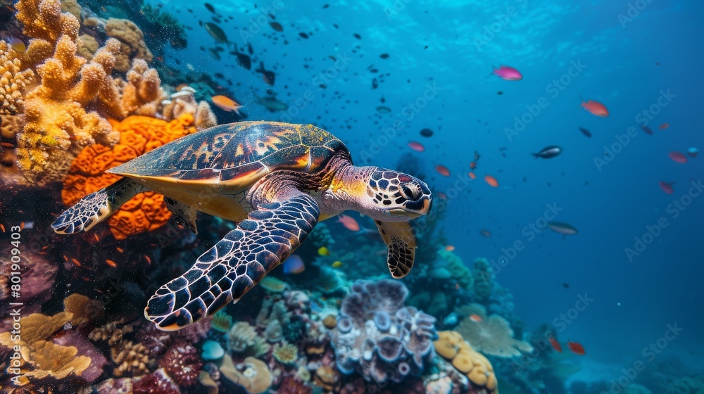 Turtle swimming gracefully underwater, vibrant coral reef backdrop, perfect for marine conservation or scuba diving promotions Turtle swimming gracefully underwater, vibrant coral reef backdrop, perfect for marine conservation or scuba diving promotions