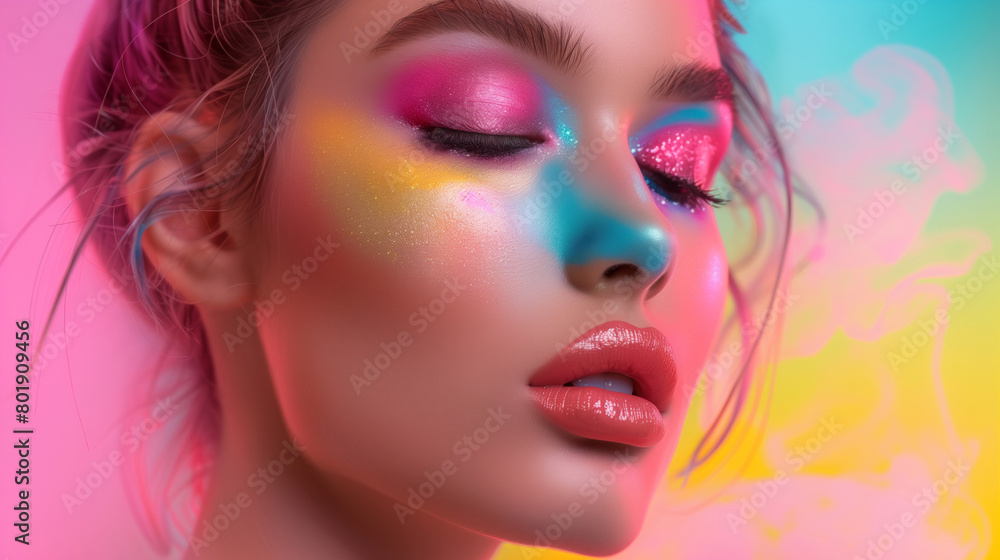 A woman with colorful makeup on her face. The makeup is bright and vibrant, giving the impression of a fun and playful mood. colorful make up concept