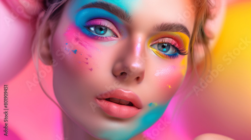A woman with colorful makeup on her face. The makeup is bright and vibrant  giving the impression of a fun and playful mood. colorful make up concept