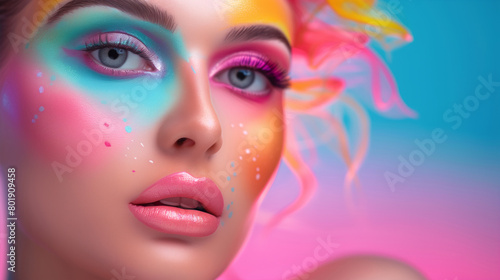 A woman with colorful makeup on her face. The makeup is bright and vibrant  giving the impression of a fun and playful mood. colorful make up concept