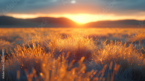 wide shot of a beautiful field of tall grass at sunset  warm tones  realistic  cinematic  mountains in the background  high detail  depth of focus.