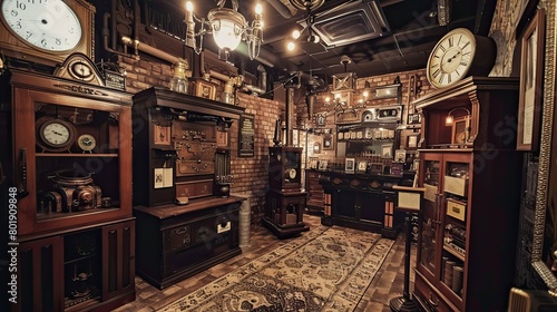 Victorian steampunk-inspired escape room with vintage props, hidden compartments, and puzzle-solving challenges.