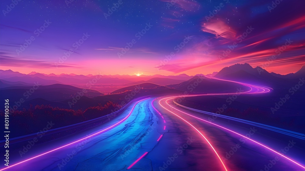 Luminous Futuristic Expressway Winding Through Vibrant Twilight Landscape