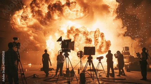 Special effects team setting up a pyrotechnic explosion for a film, behindthescenes look, ideal for film school or workshop promotions