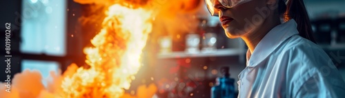 Scientist observing a controlled chemical explosion in a lab, educational and intense, perfect for science education or safety training promotions photo