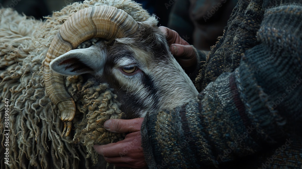The gentle touch of a hand on the woolly coat of a ram, symbolizing the bond between humans and animals during Kurban Bayrami