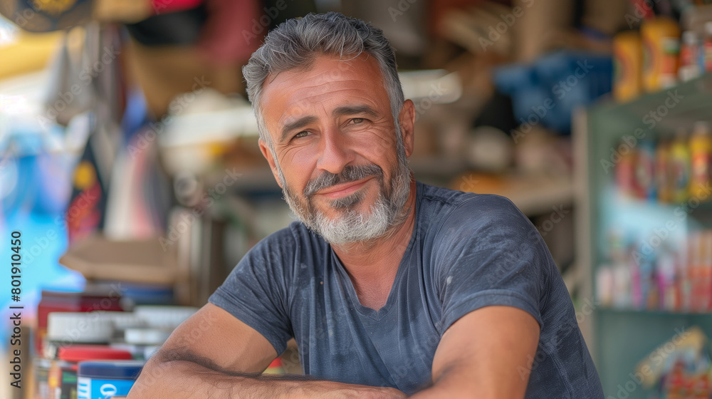 A man with a beard and gray hair is smiling at the camera. He is wearing a blue shirt and is sitting at a table. a genuine shop owner in his 40s at Kite beach servicing customers A man with a beard and gray hair is smiling at the camera. He is wearing a blue shirt and is sitting at a table. a genuine shop owner in his 40s at Kite beach servicing customers