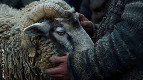 The gentle touch of a hand on the woolly coat of a ram, symbolizing the bond between humans and animals during Kurban Bayrami © SHAPTOS