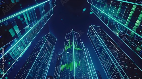 Futuristic Urban Skyline with Neon Data Visualizations Showcasing Corporate Growth and Innovation