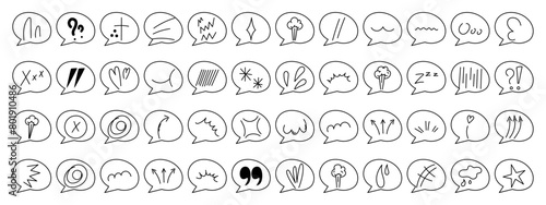 Hand drawn anime emotion effect set on checkered sheet. Manga collection of arrows  sparkles  expression signs. Vector illustration