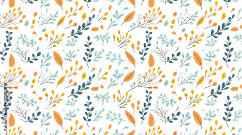 A seamless pattern with cute hand drawn leaves and branches in fall colors.