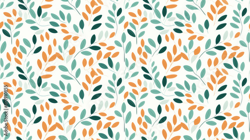 A seamless pattern of stylized leaves in orange and green on a white background.