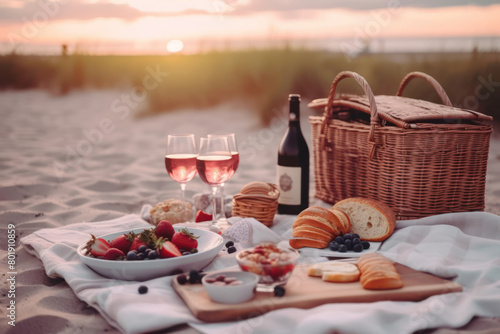 pique nique romantique en extérieur sur une plage coucher du soleil fruits fraises vin pin