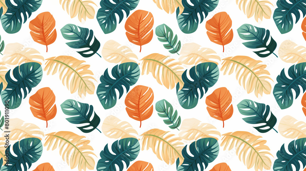 A seamless pattern of watercolor tropical leaves in orange, green and yellow colors.